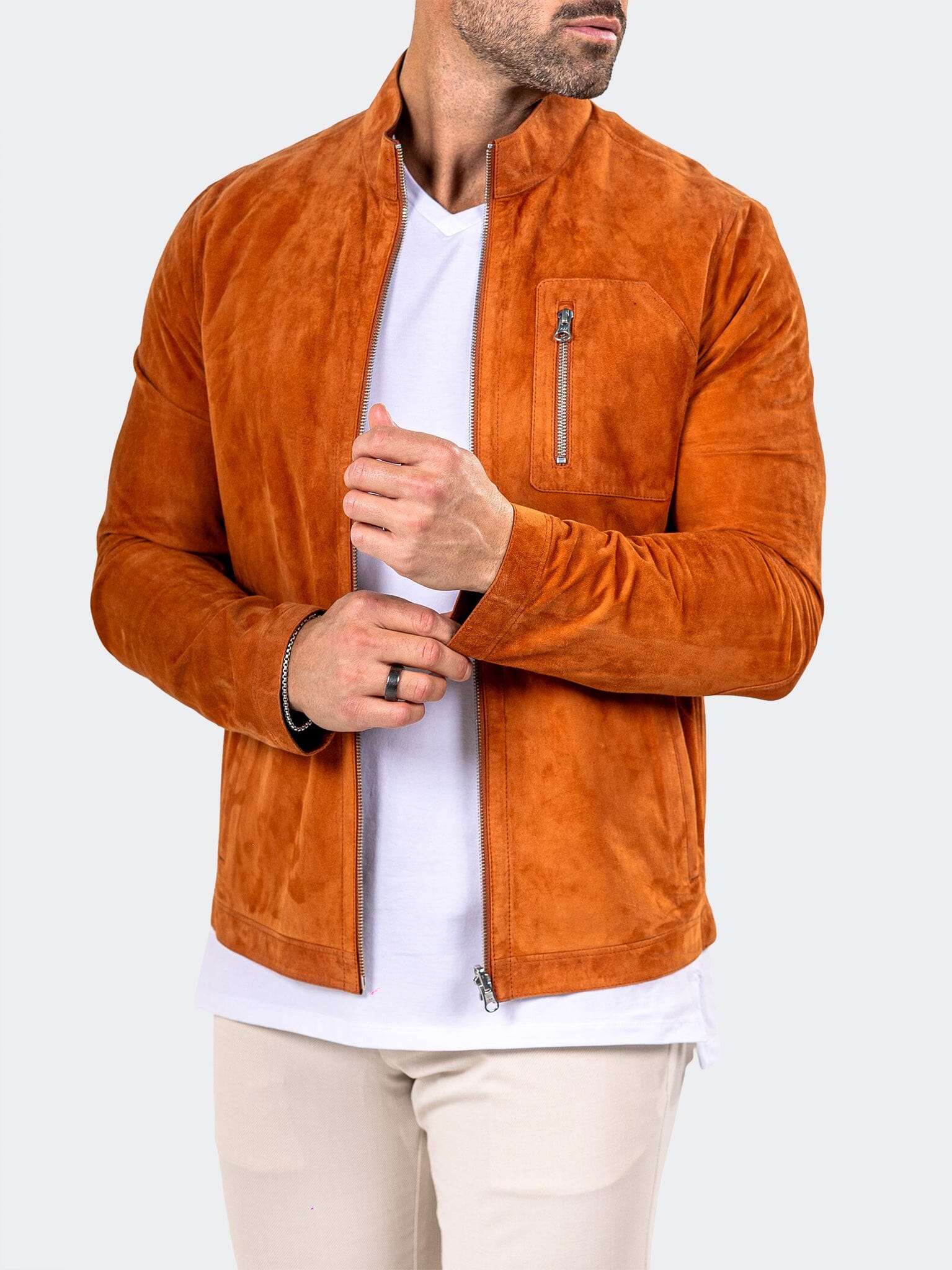 Burnt Orange Suede Band Collar Jacket