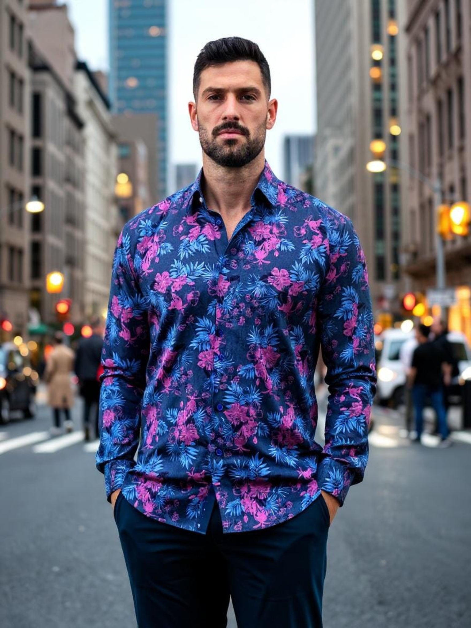 Man wearing a blue and pink floral shirt on a city street