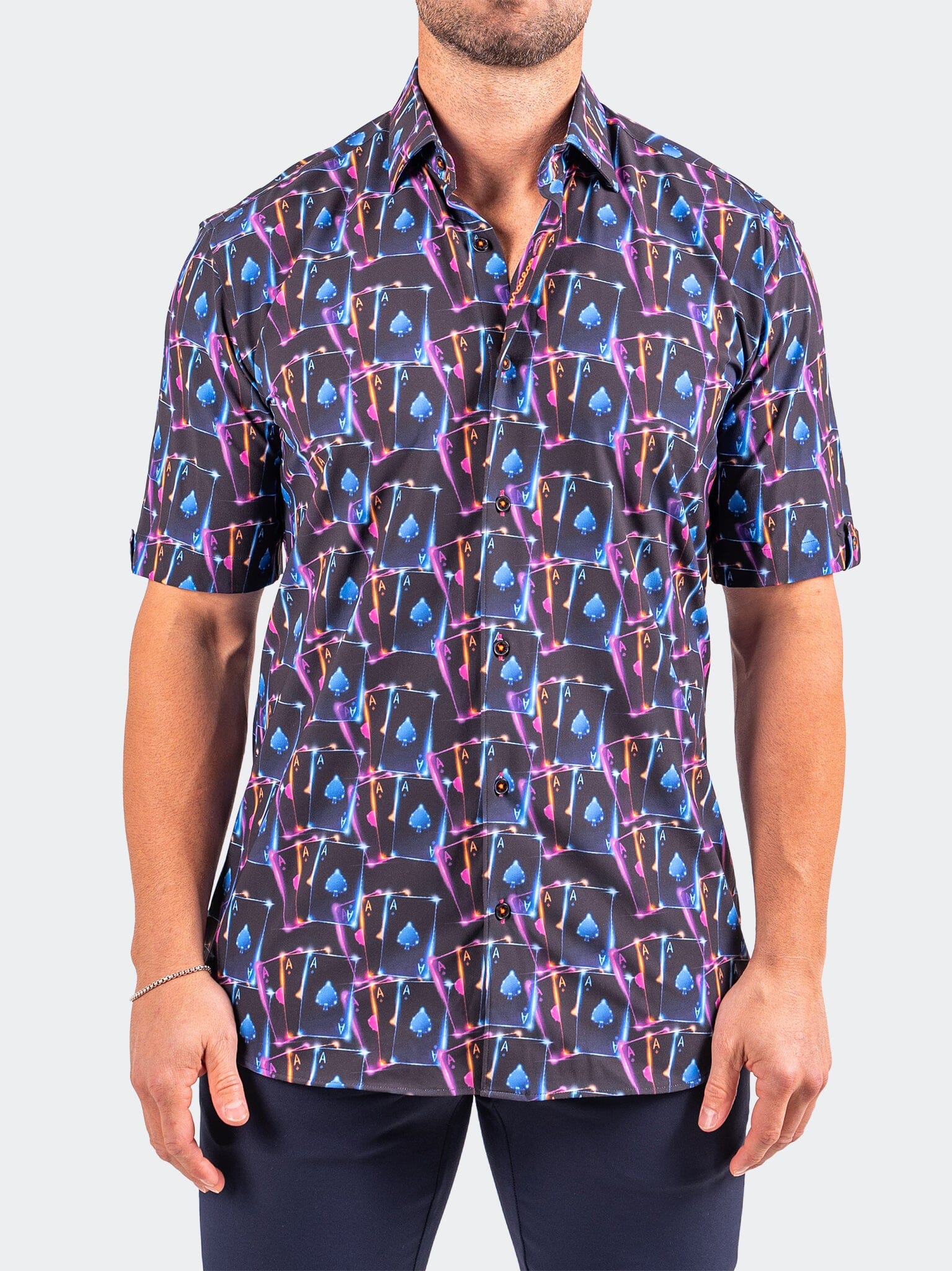Maceoo Galileo Resistance0346 Black Ace Print Short Sleeve Cotton Button-Up Shirt - Black