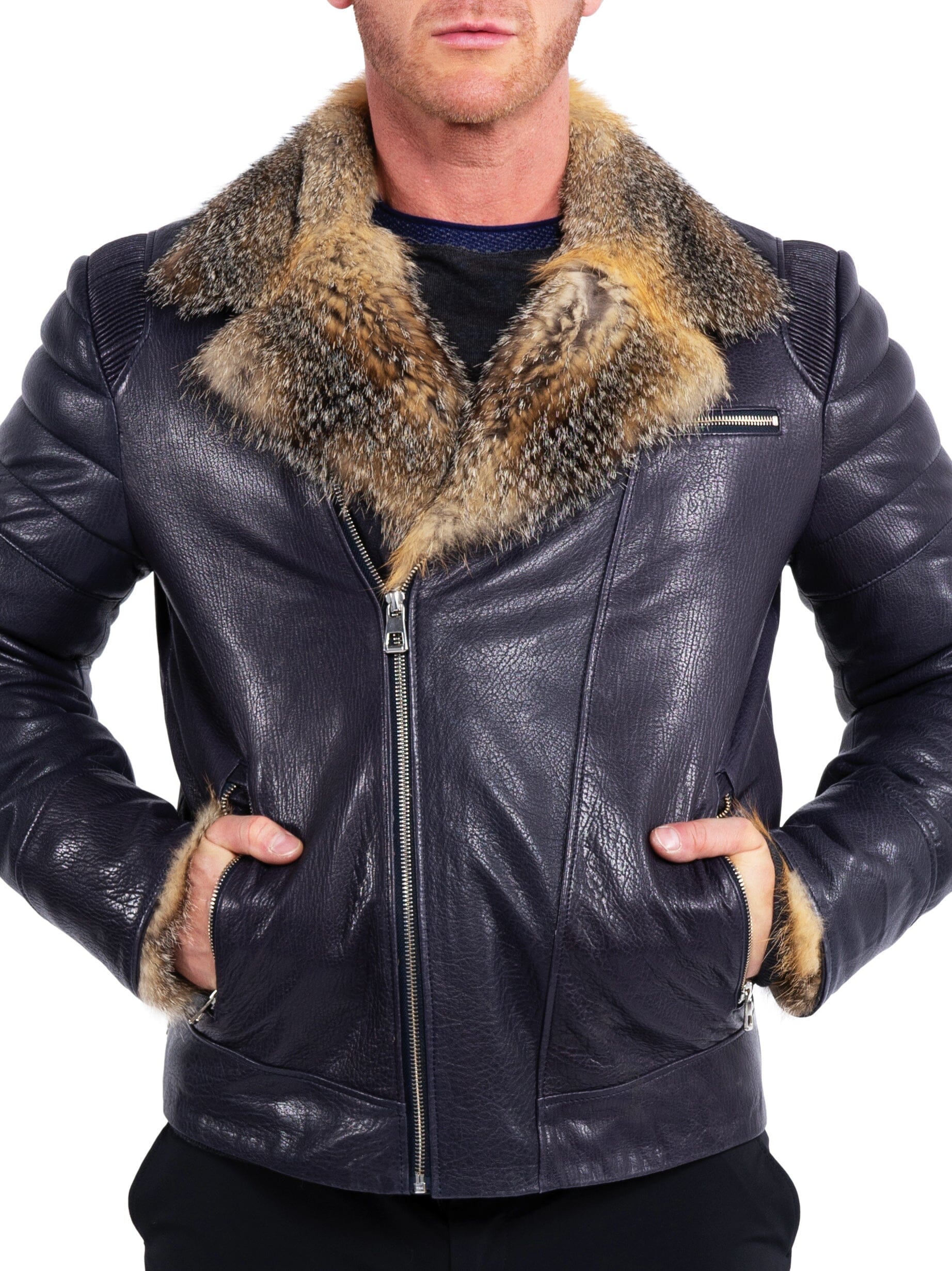 Perm Leather Destroyer Navy Jacket
