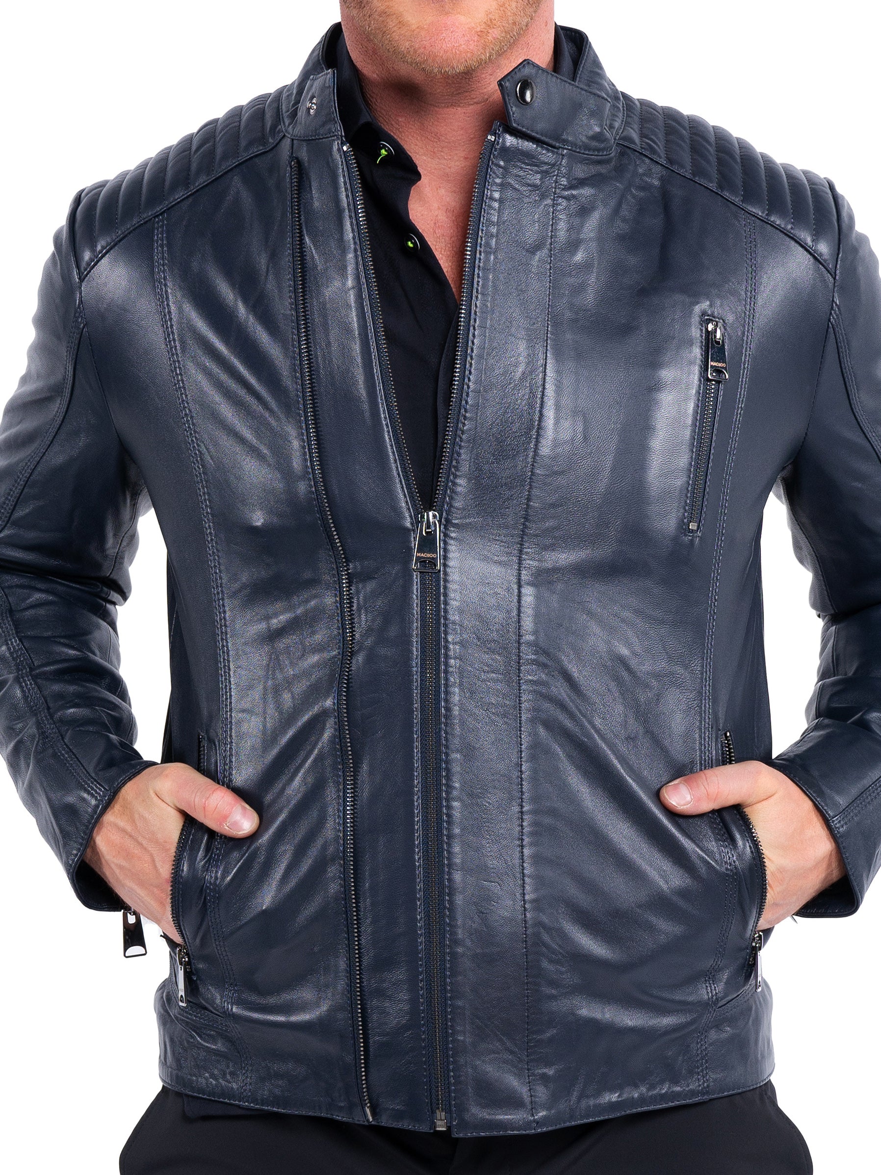 Leather Double Zip Navy