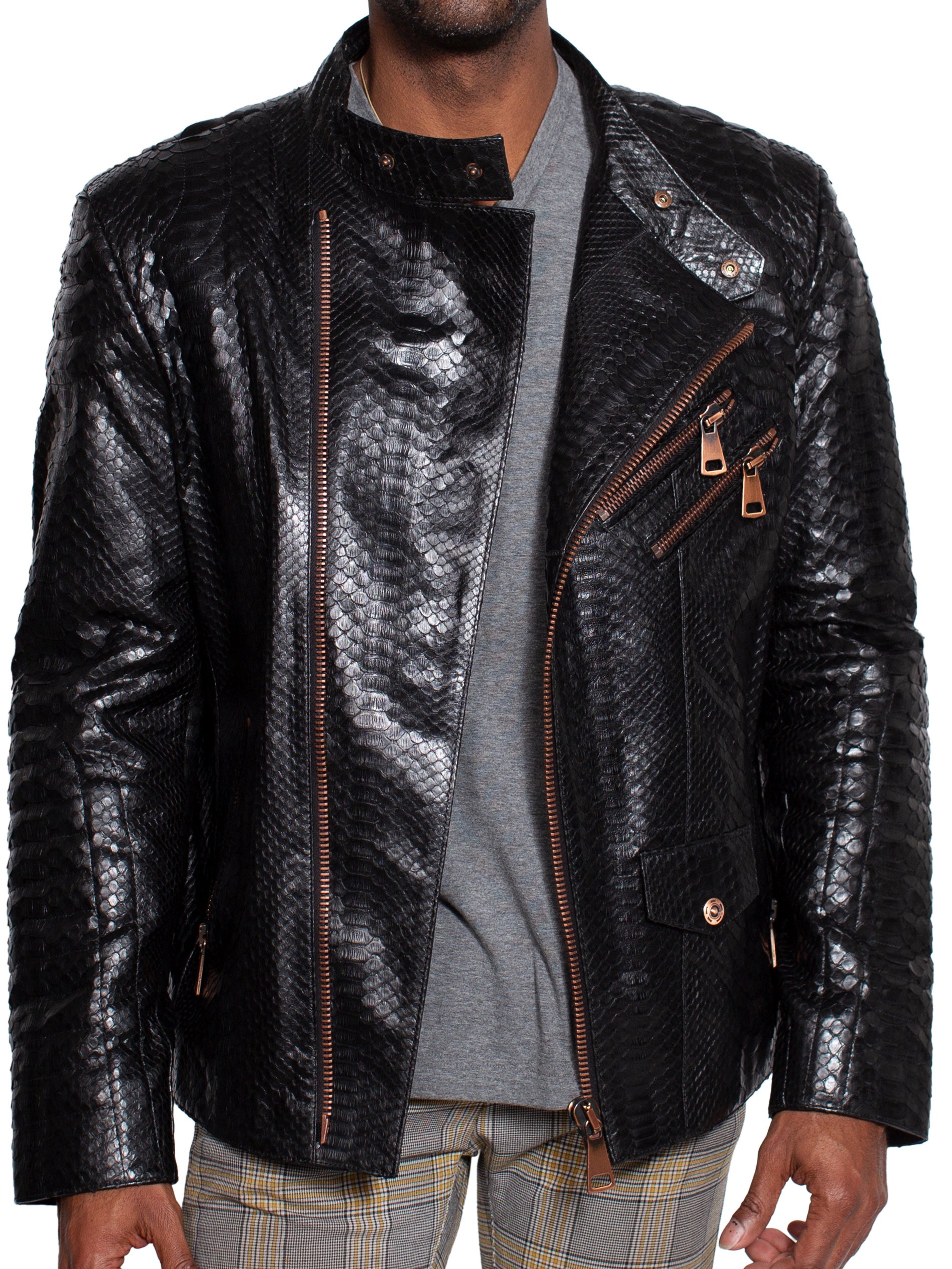 Python Biker Black Leather Jacket