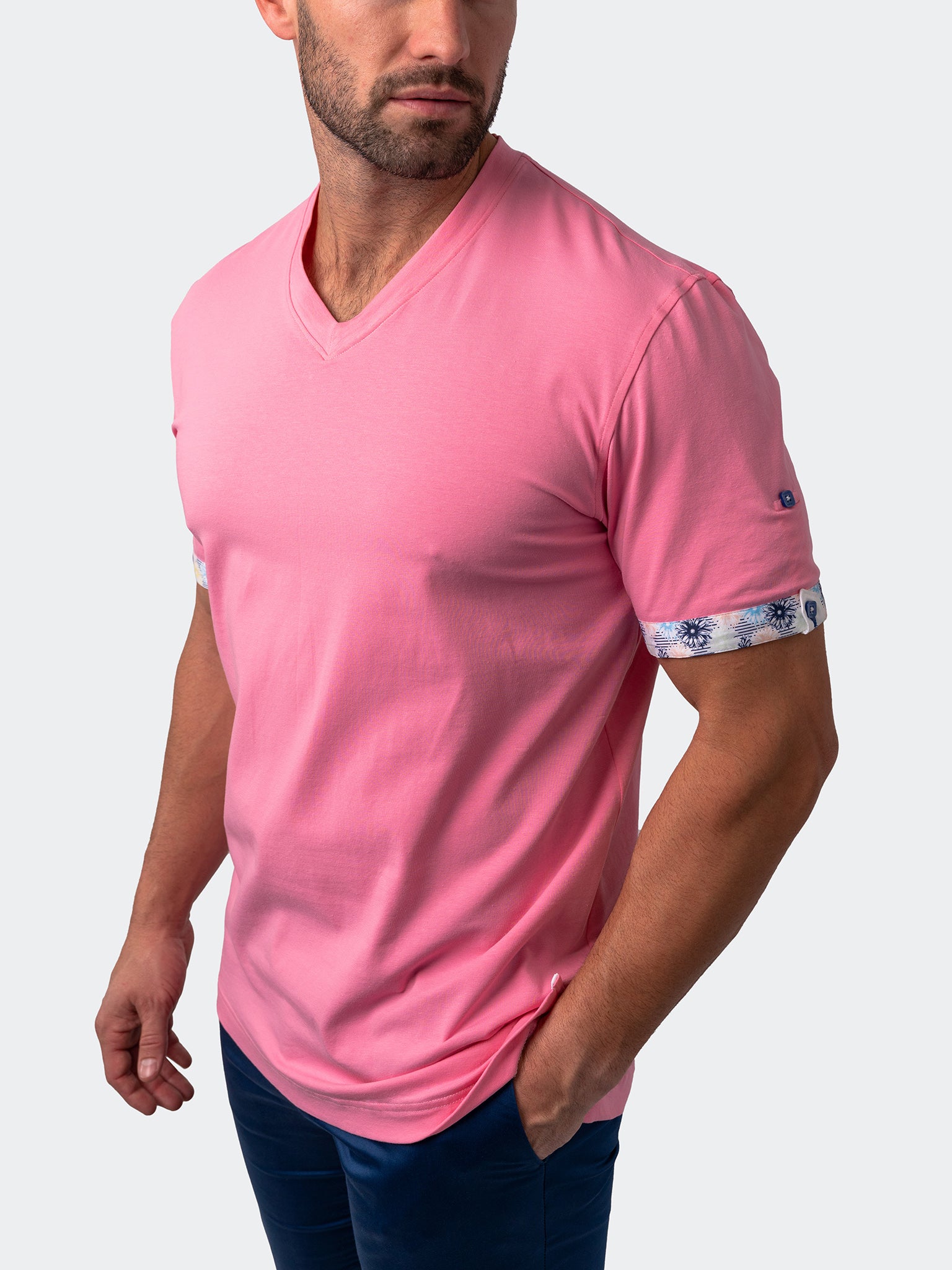 Vivaldi Solid Flower Pink V-Neck Tee