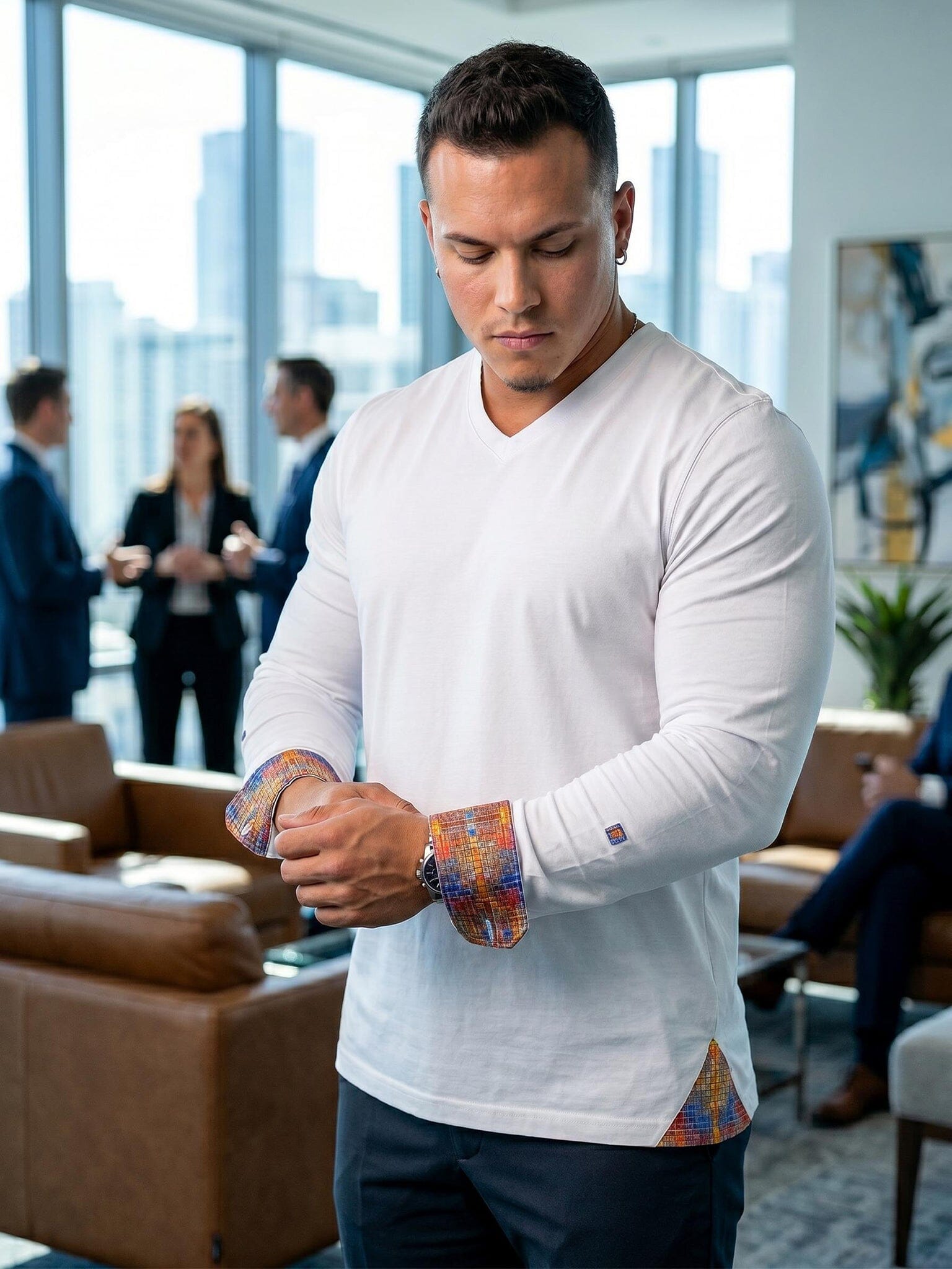 Edison White Multi Square V-Neck