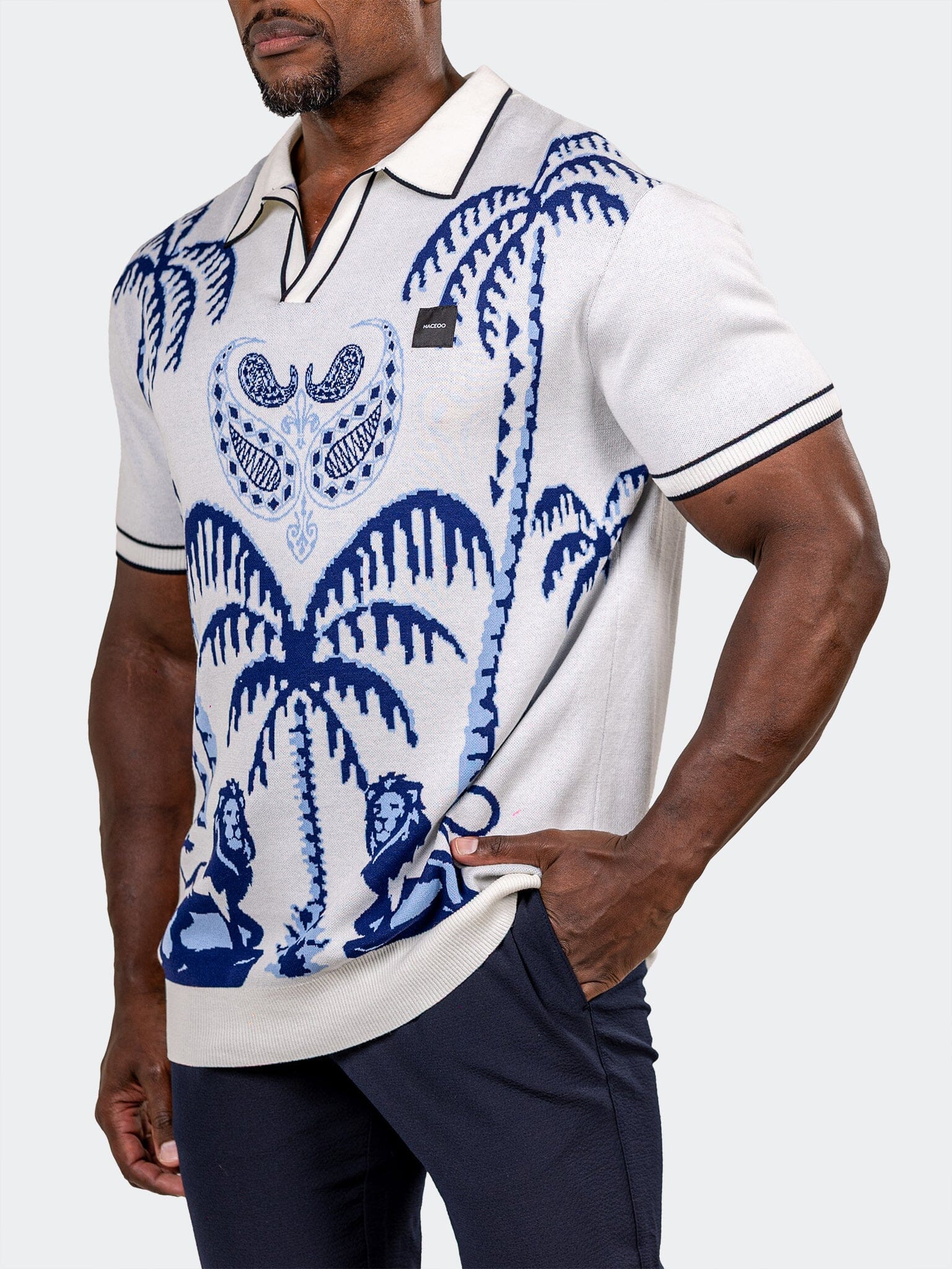 Knit Palm Lion White Polo