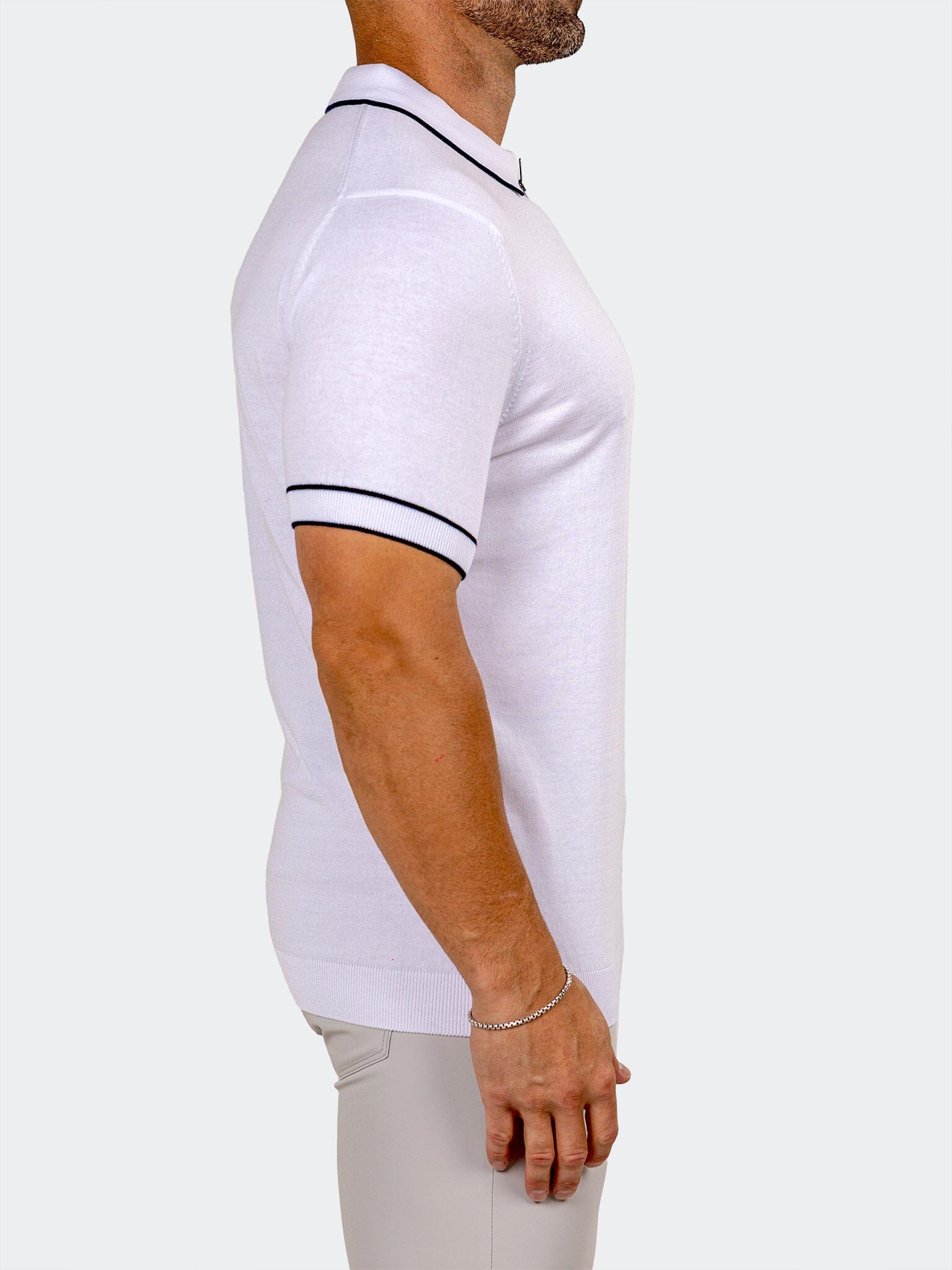 White Knit Polo with Navy Tipping