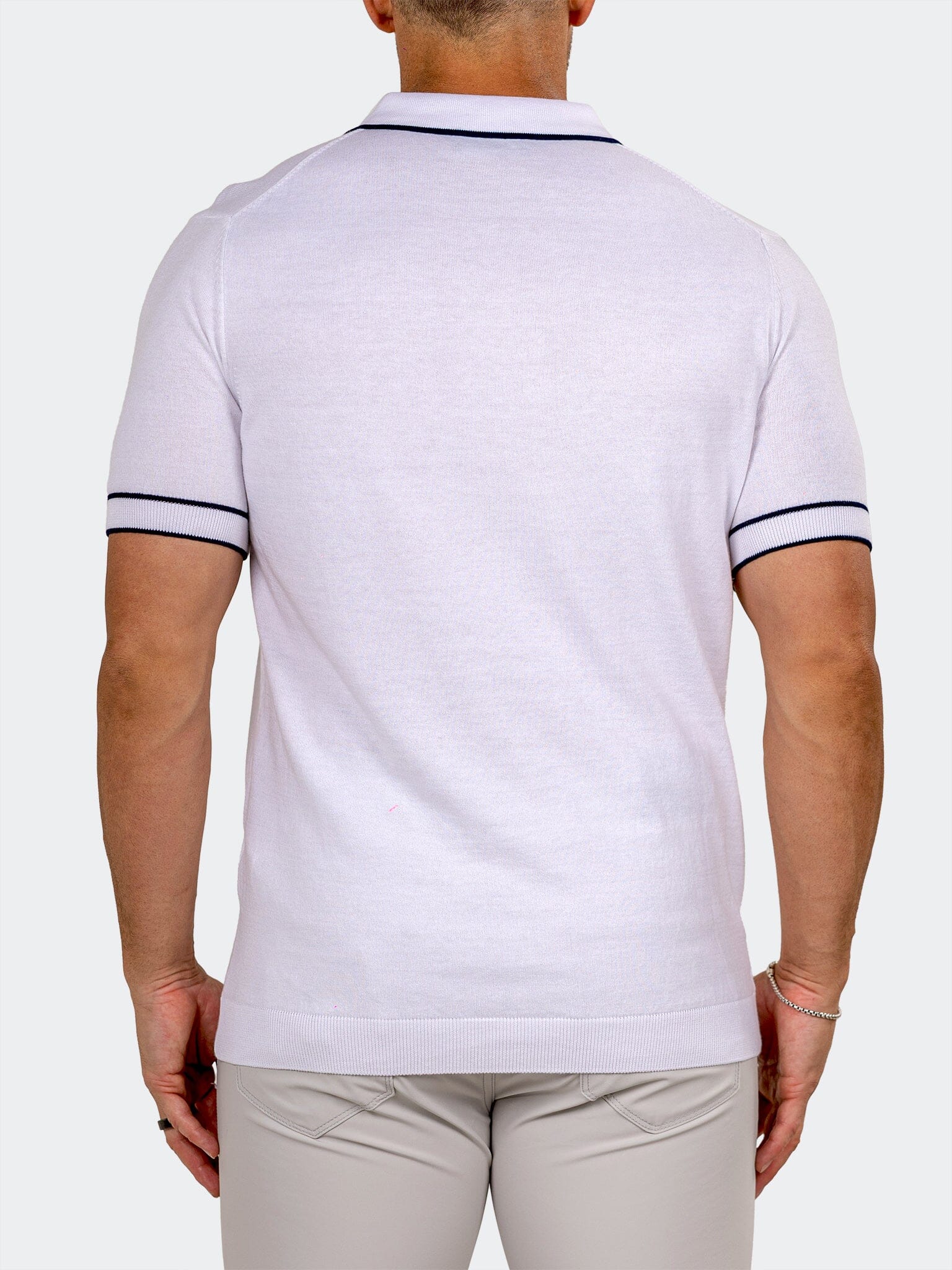 White Knit Polo with Navy Tipping