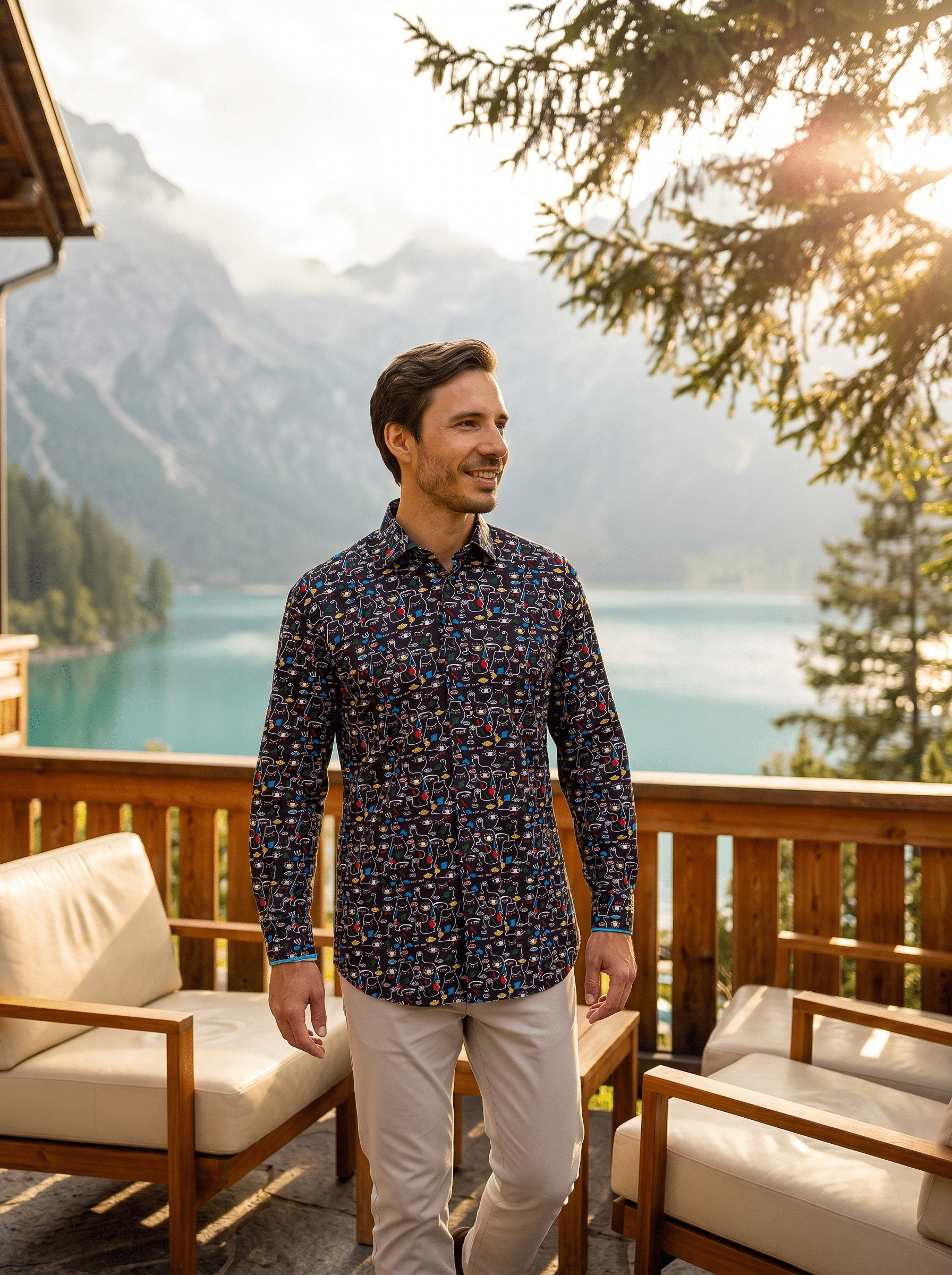 Navy Abstract Print Stretch Shirt