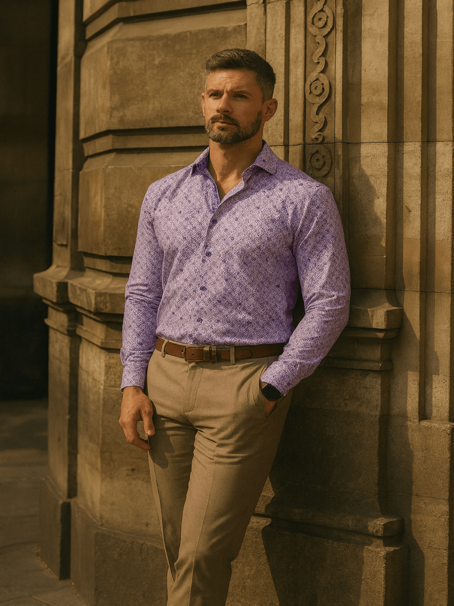 Man wearing a purple patterned shirt and beige pants leaning against a stone wall.