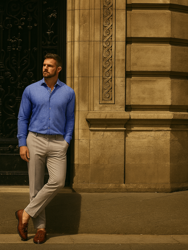Man in a blue shirt and beige pants leaning against a stone wall.