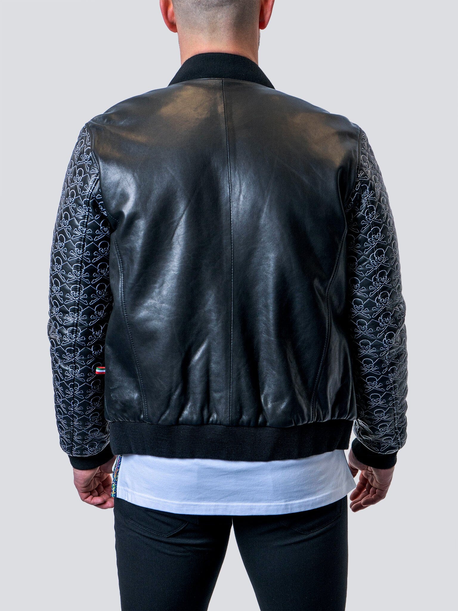 Skull Sleeve Black Leather Jacket