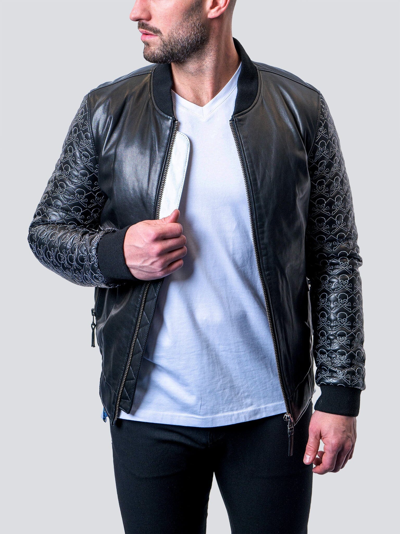 Skull Sleeve Black Leather Jacket