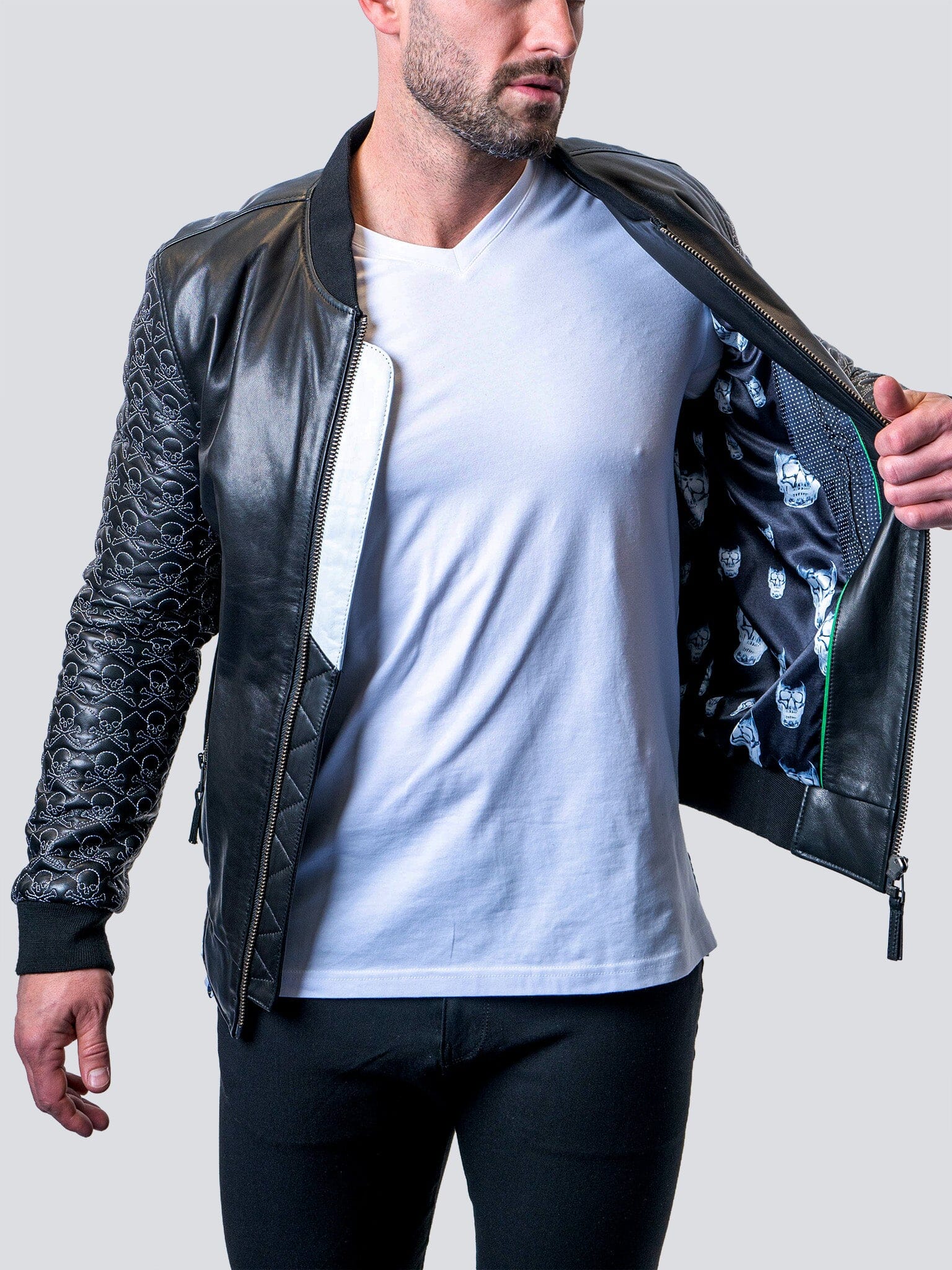 Skull Sleeve Black Leather Jacket
