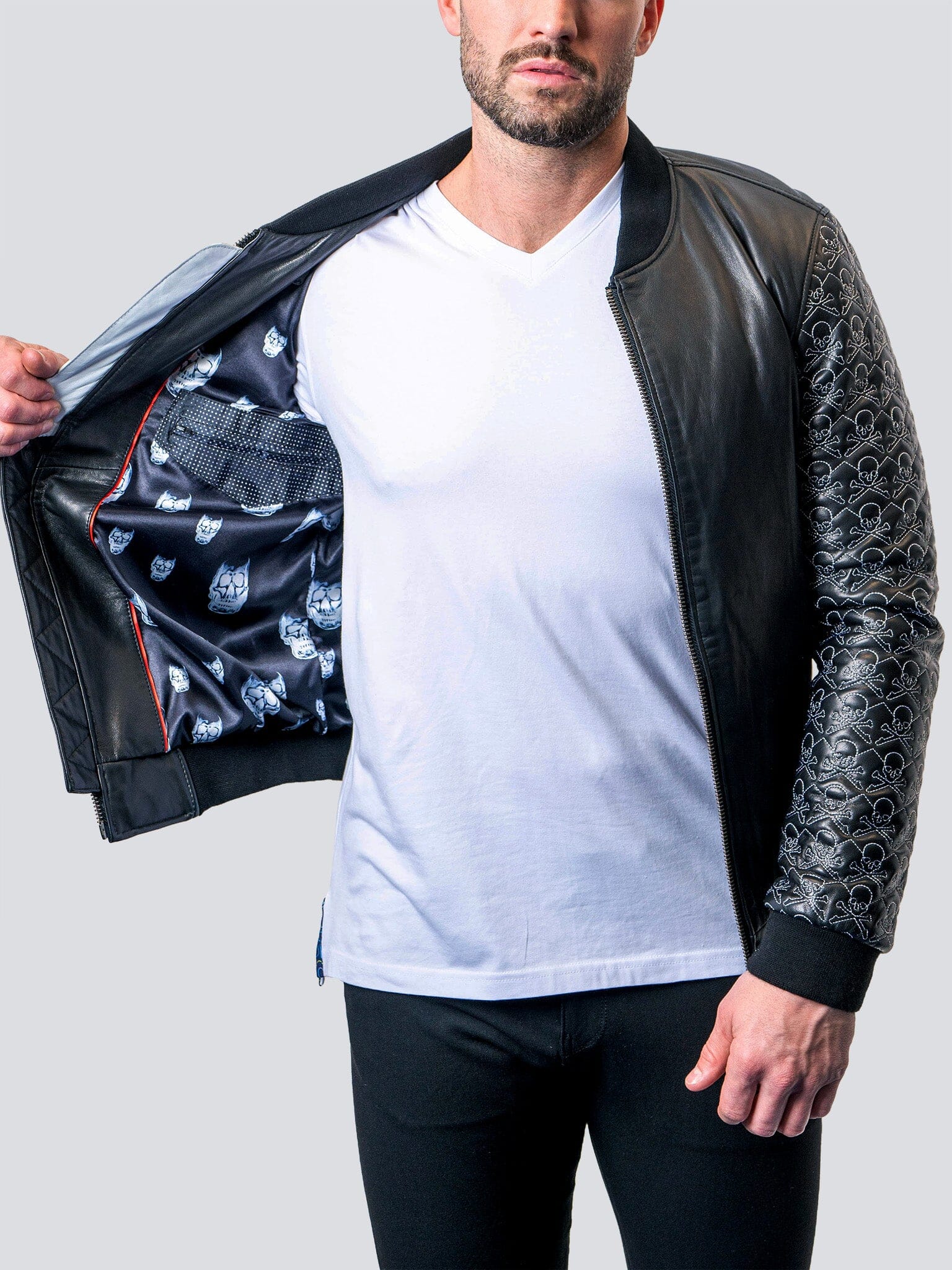Skull Sleeve Black Leather Jacket