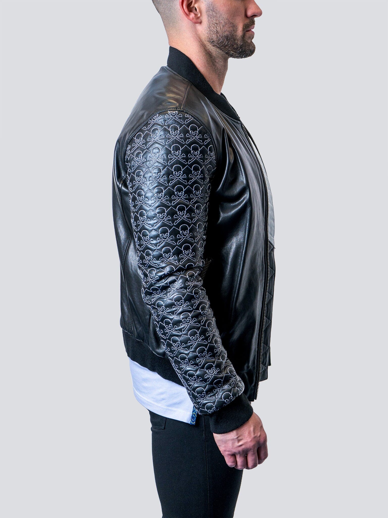 Skull Sleeve Black Leather Jacket
