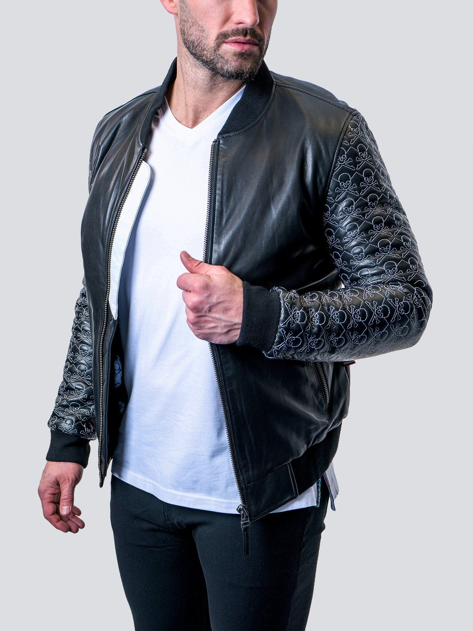 Skull Sleeve Black Leather Jacket