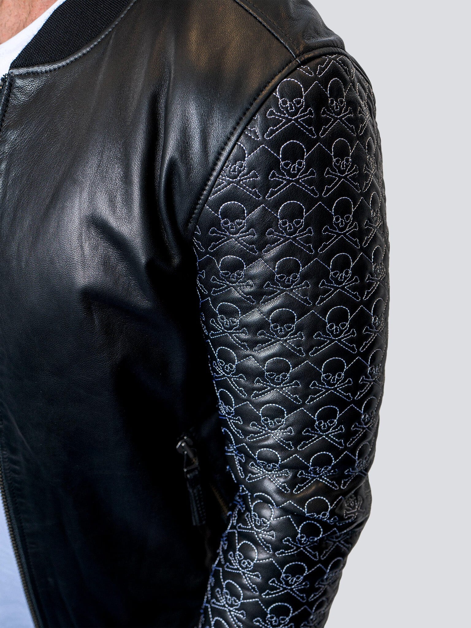 Skull Sleeve Black Leather Jacket