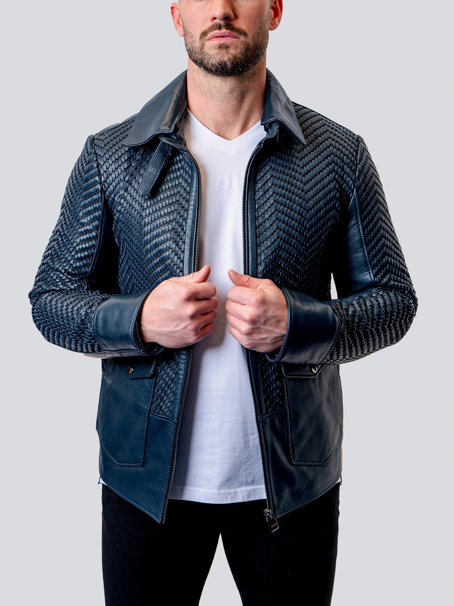 Tresser Blue Leather Jacket – Maceoo