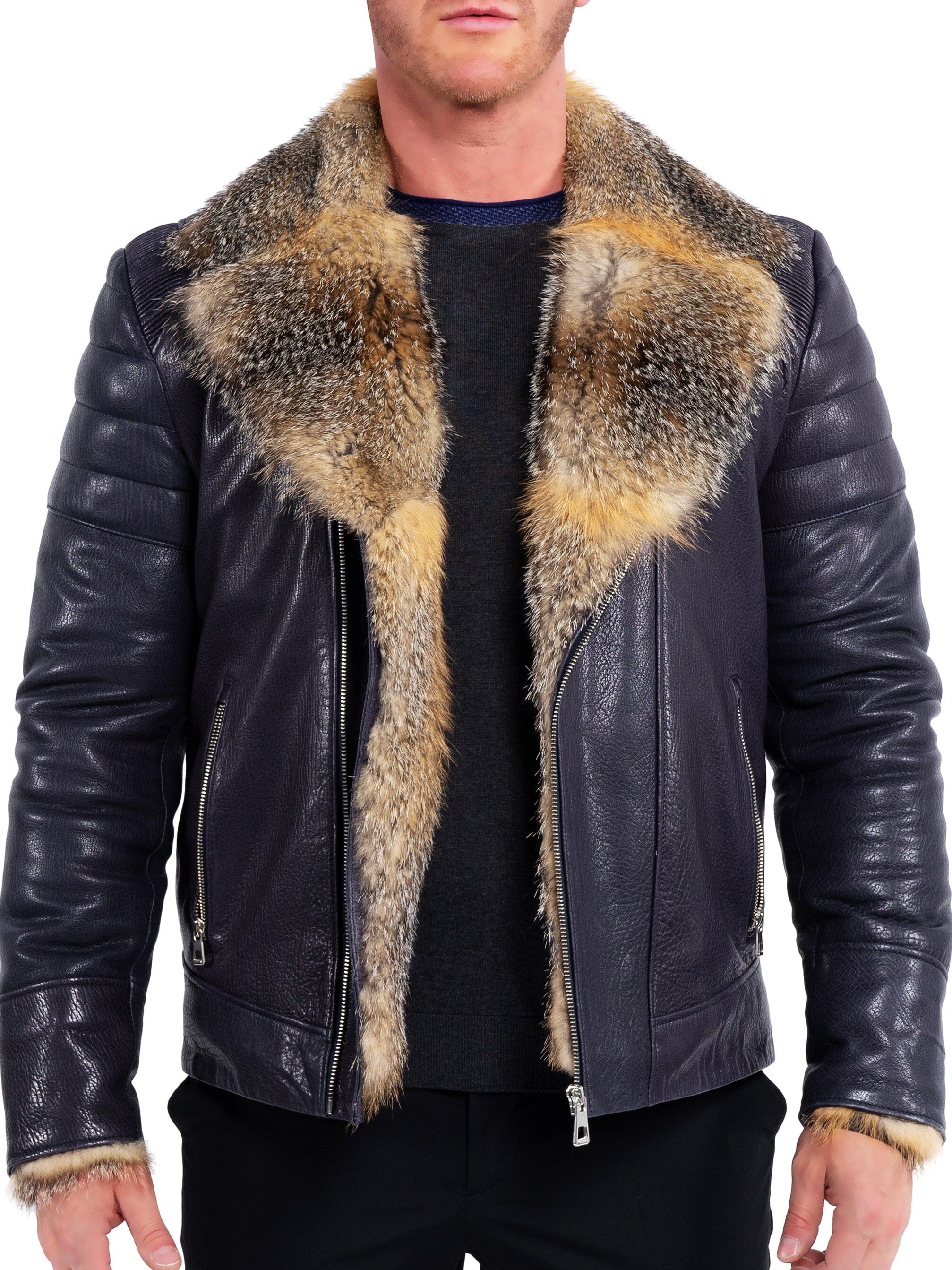 Perm Leather Destroyer Navy Jacket